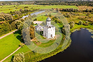 Drone view of the ancient Church of the Intercession on the Nerl in the Vladimir region