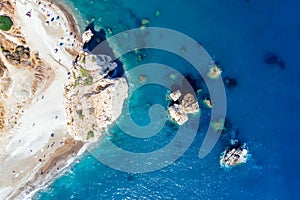 Drone view of Aphrodite`s rock Petra tou Romiou, Cyprus