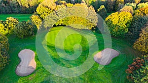 Drone view of autumn golf course in Germany.