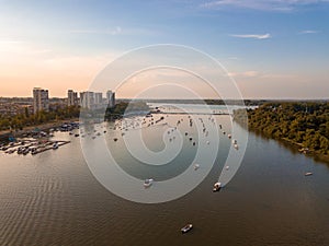 Drone view of a boat harbor in Zemun, Belgrade during sunset