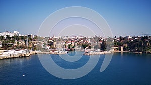 Drone view on Bodrum harbour and ancient Kalesi castle.