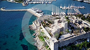 Drone view on Bodrum harbour and ancient Kalesi castle.