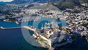 Drone view on Bodrum harbour and ancient Kalesi castle.