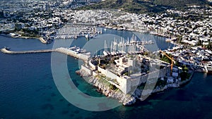 Drone view on Bodrum harbour and ancient Kalesi castle.