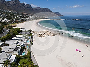 Drone view at Camps bay near Cape Town on South Africa