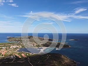 Drone view of Capo Coda Cavallo beach in Sardinia Ialy with turquoise water, lagoon on sunny day