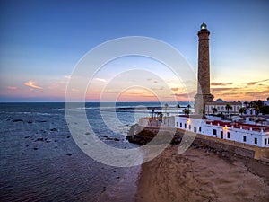 Drone view of the Chipiona lighthouse at dawn in the province of Cadiz