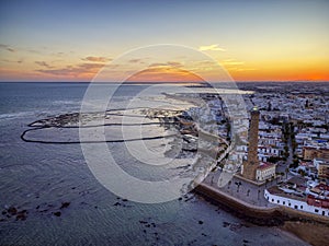 Drone view of the Chipiona lighthouse at dawn in the province of Cadiz photo