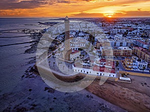 Drone view of the Chipiona lighthouse at dawn in the province of Cadiz