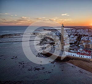 Drone view of the Chipiona lighthouse at dawn in the province of Cadiz