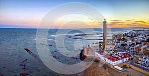 Drone view of the Chipiona lighthouse at dawn in the province of Cadiz