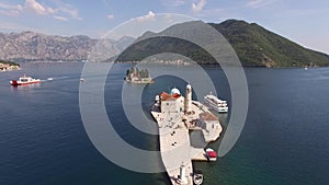 Drone view of the church Our Lady of the Rocks. Kotor bay