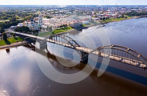 Drone view of the city of Rybinsk with the bridge over the Volga River