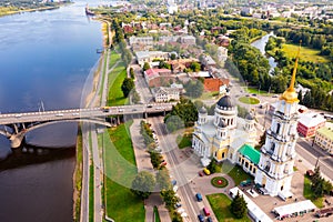 Drone view of the city of Rybinsk with the bridge over the Volga River