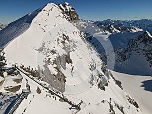 Drone view at the cliffwalk of mount Titlis over Engelberg on Switzerland