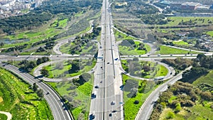 Drone view of cloverleaf interchange. Highway road junction. Portugal, Almada