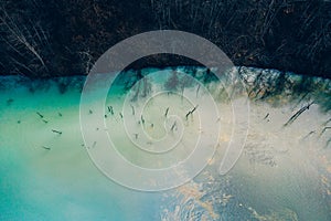 Drone view of contaminated, toxic water stream in Geamana, Romania