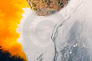 Drone view of contaminated, toxic water stream in Geamana, Romania