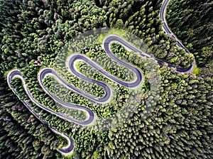 Drone view of a curvy road in Romania