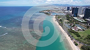 Drone view of the densest parts of Honolulu, including Kakaako, Ala Moana beach and condominiums