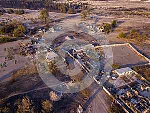 Drone view of destroyed houses after the fire in Ukraine