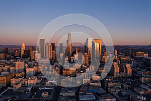 Drone view of downtown Los Angeles at sunrise