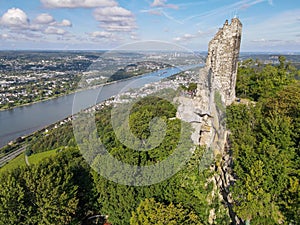 Drone view at Drachenfels ruin over KÃ¶nigswinter on Germany