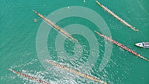 Drone view of dragon boat contest is begin for the duanwu festival.