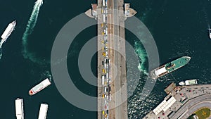 Drone view of Eminonu square and Galata Bridge over Bosphorus in Istanbul