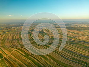 Drone view of endless agricultural landscape, Suloszowa village in Krakow County, Poland