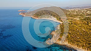 Drone view of famous Ghjunchitu beach in Northern Corse island, France