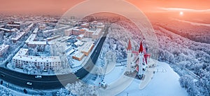 drone view of the famous landmark of Ufa and Bashkiria - Lala Tulip mosque during sunset in winter season. Islamic religion