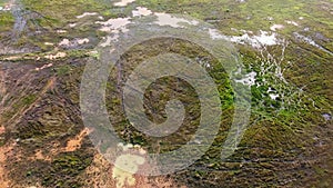 Drone view fly over wet peatland