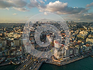 Drone view of the Galata Bridge, view of the Galata Tower. Spring Istanbul, sunset.