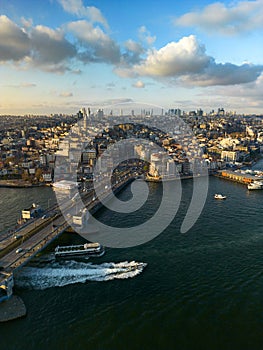 Drone view of the Galata Bridge, view of the Galata Tower. Spring Istanbul, sunset.