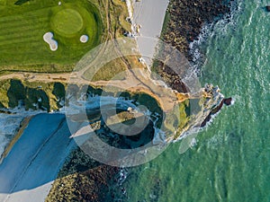 Drone view of a golf field next to the ocean in Etretat France