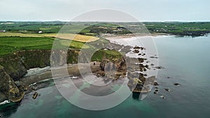 Drone view of Hills of Cooper Coast of Waterford Ireland. Tra na mBÃ³ beach. Irish coastline