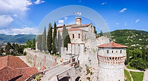 Drone view of the historic castle in Brescia city.