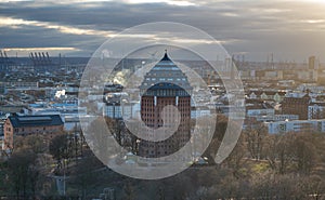 Drone view of a historic water tower in Hamburg, Germany