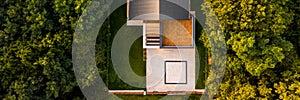 Drone view of house in forest, panorama