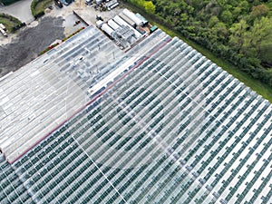 Drone view of a huge commercial glass house growing commercial plants.