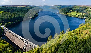 Drone view of a huge lake surrounded by rural farmland and forest. Lake Vyrnwy, Wales