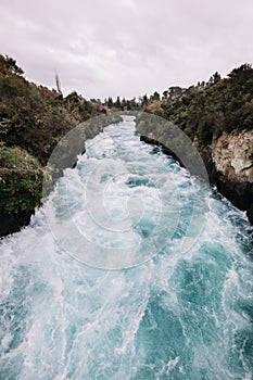 Drone view of Huka Falls waterfall in New Zealand