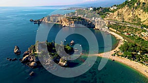 Drone view of Isola Bella beach Taormina Sicily Italy at summer