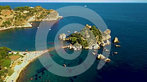 Drone view of Isola Bella beach Taormina Sicily Italy at summer