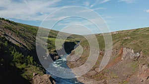 Drone view Jokulsa glacier river flowing through icelandic countryside. Aerial view of valley of Jokulsa river near the