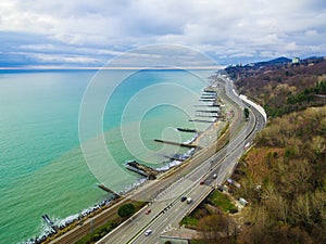 Drone view of Kurortnyy Prospekt and Black Sea, Sochi, Russia