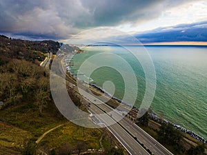 Drone view of Kurortnyy Prospekt and Black Sea, Sochi, Russia