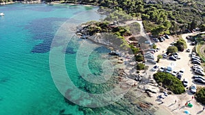 Drone view on Lagonisi beach, beautiful place on Sithonia, Halkidiki