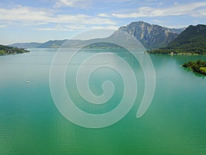Drone view on lake Attersee in Upper Austria Austria